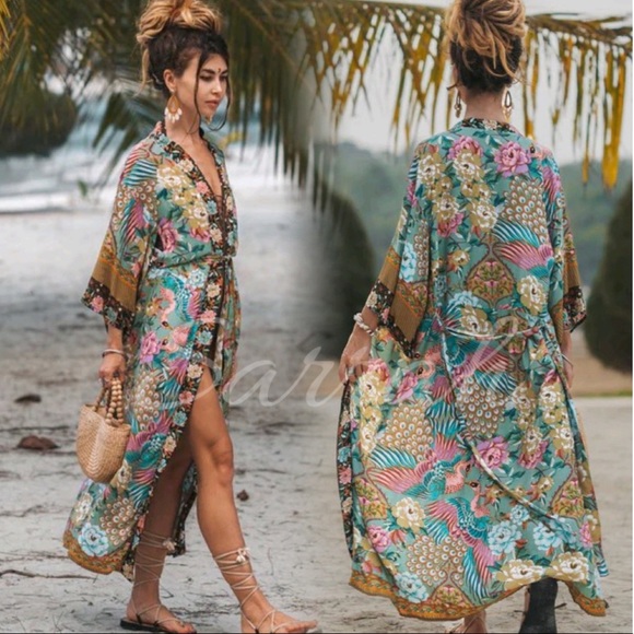 New Floral Bohemian Peacock Kimono Duster Jacket Robe Swim Cover - Picture 4 of 13